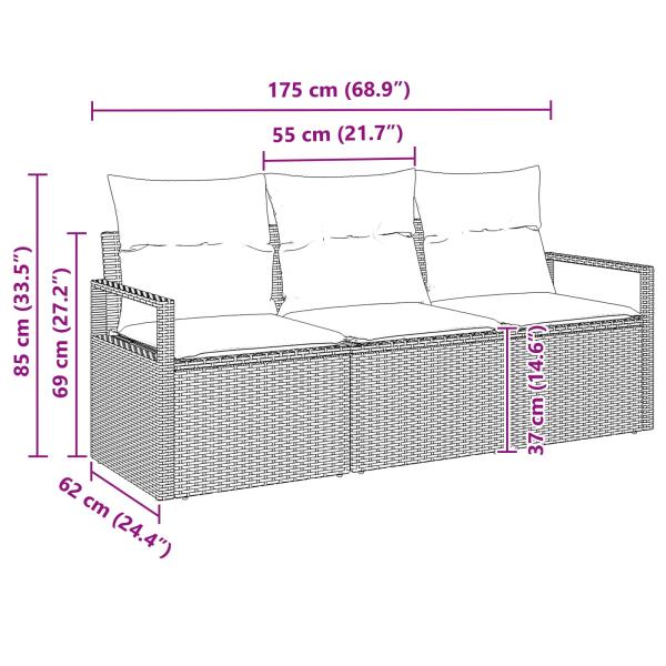 Gartensofa-set mit Kissen 3 pcs Braun und Rot Poly-Rattan
