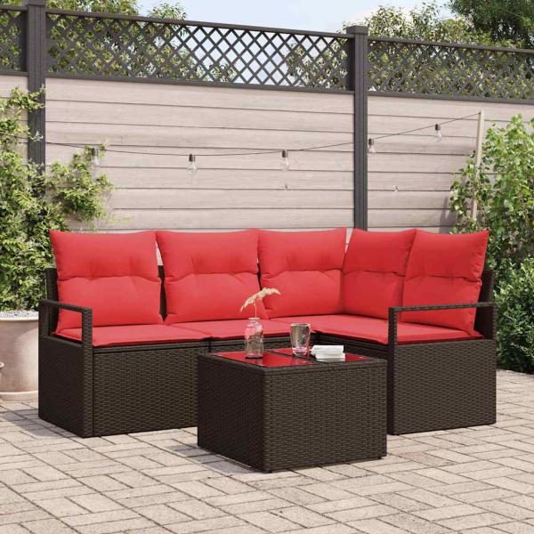 ARDEBO.de - Gartensofa-set mit Kissen 5 pcs Braun und Rot Poly-Rattan