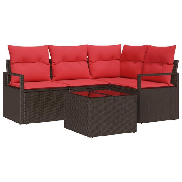 Gartensofa-set mit Kissen 5 pcs Braun und Rot Poly-Rattan
