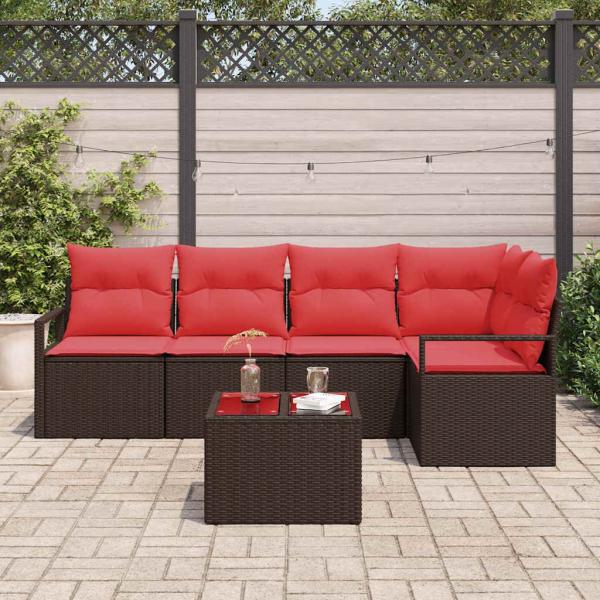 Gartensofa-set mit Kissen 6 pcs Braun und Rot Poly-Rattan