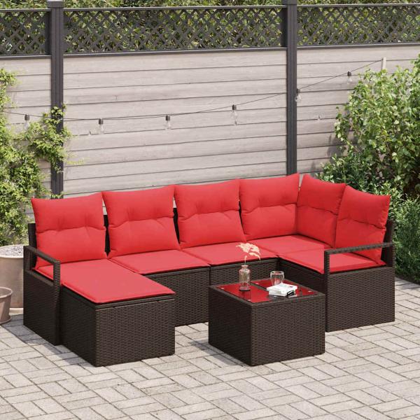 ARDEBO.de - Sofa Set mit Kissen 7 pcs Braun und Rot Poly-Rattan