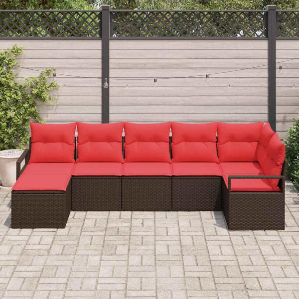 ARDEBO.de - Sofa Set mit Kissen 7 pcs Braun und Rot Poly-Rattan