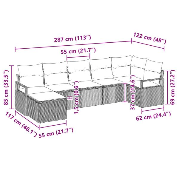 Sofa Set mit Kissen 7 pcs Braun und Rot Poly-Rattan