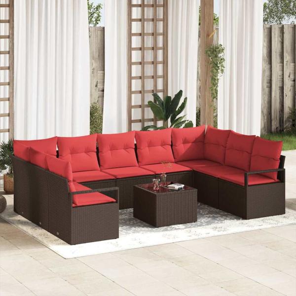 ARDEBO.de - Gartensofa-set 10 stk. Braun und Rot Poly-Rattan