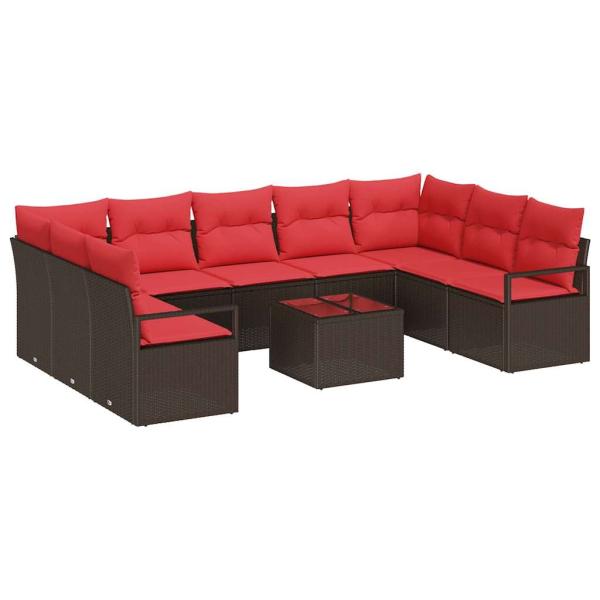 Gartensofa-set 10 stk. Braun und Rot Poly-Rattan
