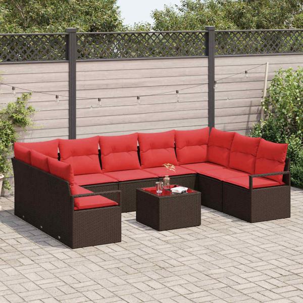 Gartensofa-set 10 stk. Braun und Rot Poly-Rattan