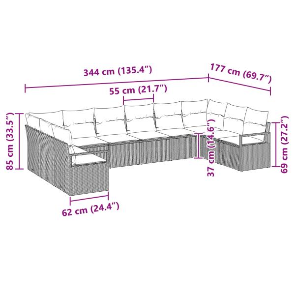 Gartensofa-set mit Kissen 10 pcs Braun und Rot Poly-Rattan