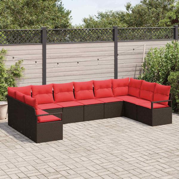 Gartensofa-set mit Kissen 10 pcs Braun und Rot Poly-Rattan