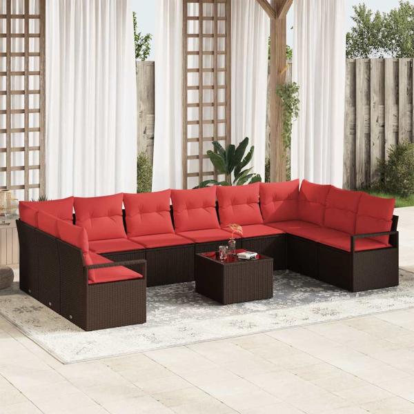 ARDEBO.de - Gartensofa-set mit Kissen 11 pcs Braun und Rot Poly-Rattan