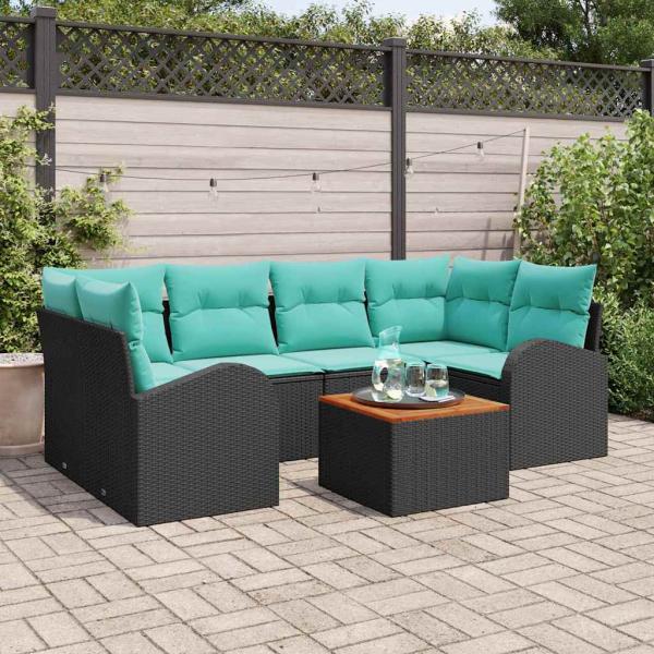 ARDEBO.de - Gartensofa-set 7 Stk. Schwarz und Türkis Poly-Rattan