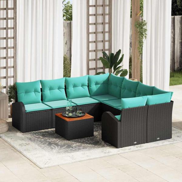 ARDEBO.de - Gartensofa-set 9 Stk. Schwarz und Türkis Poly-Rattan