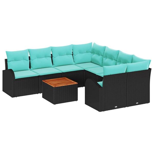 Gartensofa-set 9 Stk. Schwarz und Türkis Poly-Rattan