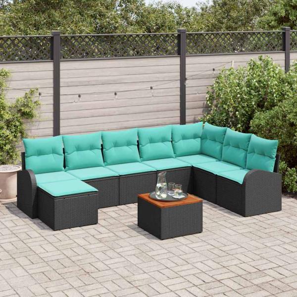 ARDEBO.de - Gartensofa-set 9 Stk. Schwarz und Türkis Poly-Rattan