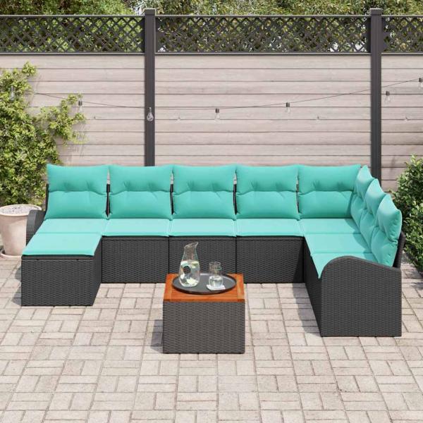 Gartensofa-set 9 Stk. Schwarz und Türkis Poly-Rattan