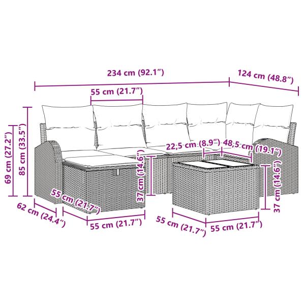 Garten-Sofa-Set mit Kissen 7 pcs Schwarz Poly Rattan