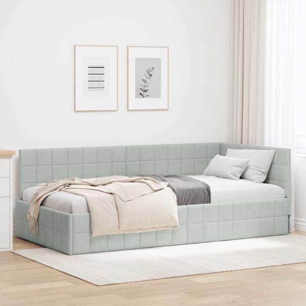 ARDEBO.de - Eckbettgestell mit Kopfteil Hellgrau 90 cm x 200 cm Samt