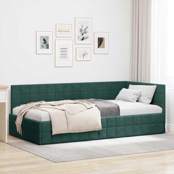 ARDEBO.de - Eckbettgestell mit Kopfteil Dunkelgrün 90 cm x 200 cm Samt