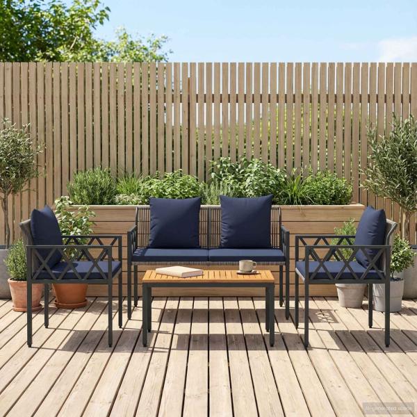 Gartenmöbel-Set 4 stk. Grau und Marineblau Poly-Rattan