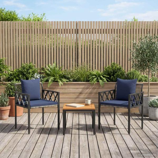 Gartenmöbel-Set 3 Stk. Grau und Marineblau Poly-Rattan