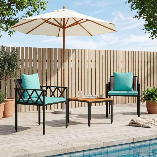 Gartenmöbel-Set 3 stk. Schwarz und Türkis Poly-Rattan