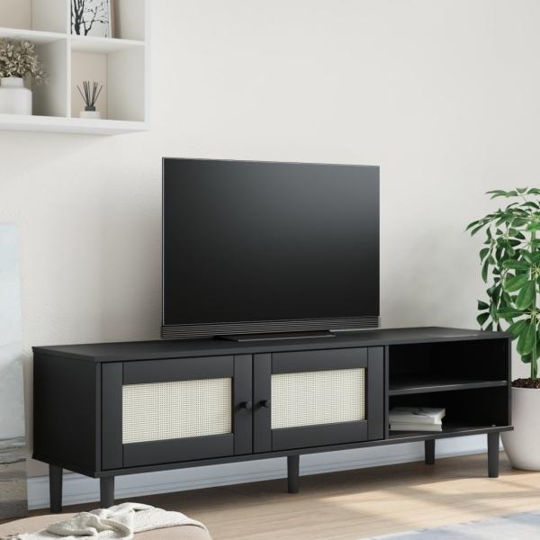 ARDEBO.de - TV-Schrank SENJA Rattan-Optik Schwarz 158x40x49cm Kiefernholz