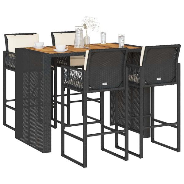 ARDEBO.de - 5-tlg. Gartenbar-Set mit Kissen Schwarz Poly Rattan Akazie