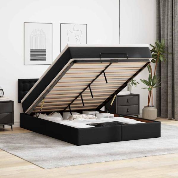 ARDEBO.de - Ottoman-Bett mit Matratzen & LEDs Schwarz 140x190 cm Kunstleder