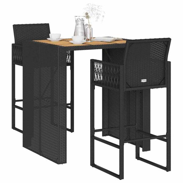 ARDEBO.de - 3-tlg. Gartenbar-Set ohne Kissen Schwarz Poly Rattan Akazie