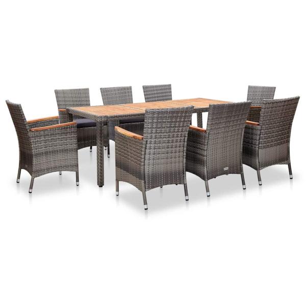ARDEBO.de - 9-tlg. Garten-Essgruppe mit Kissen Poly Rattan Grau