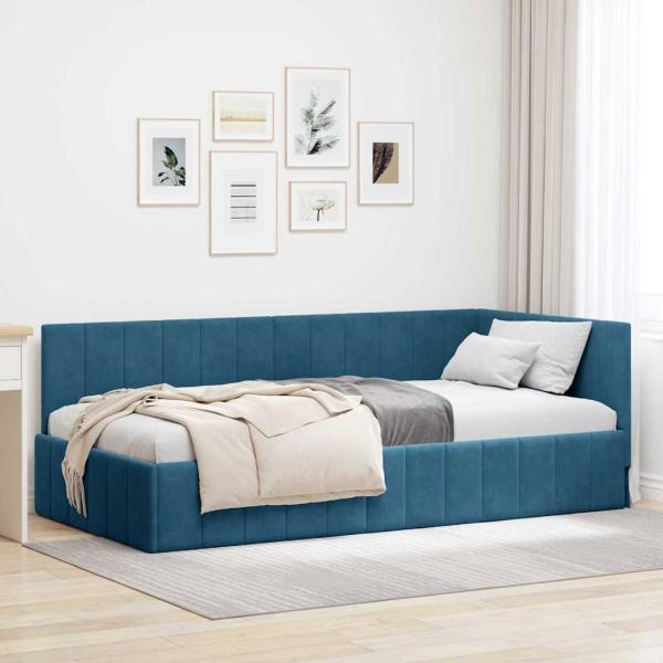 ARDEBO.de - Eckbettgestell mit Kopfteil Blau 90 cm x 190 cm Samt