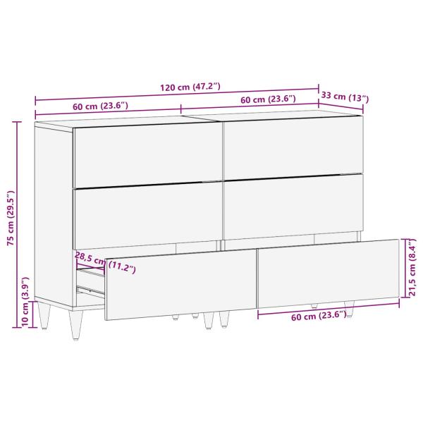 Sideboard Set 2 pcs Braun 60 x 33,5 x 75 cm Massivholz Mango