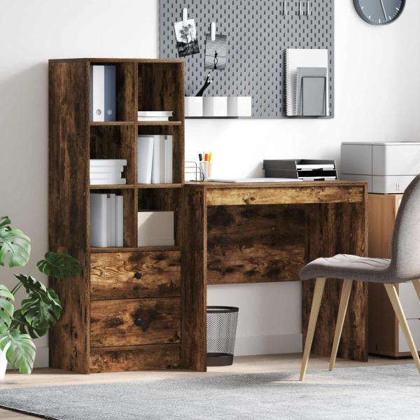 ARDEBO.de - Schreibtisch mit Schubladen mit Regal 2 pcs Geräucherte Eiche