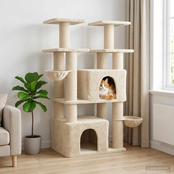 ARDEBO.de - Katzennbaum mit Sisal-Kratzsäulen Creme 147 cm 2 stk.