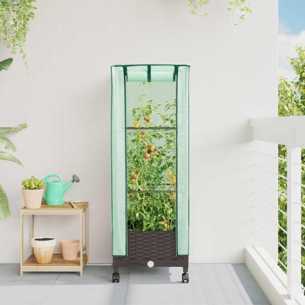 ARDEBO.de - Gartenplanter mit Gewächshausabdeckung und Rädern Braun PP