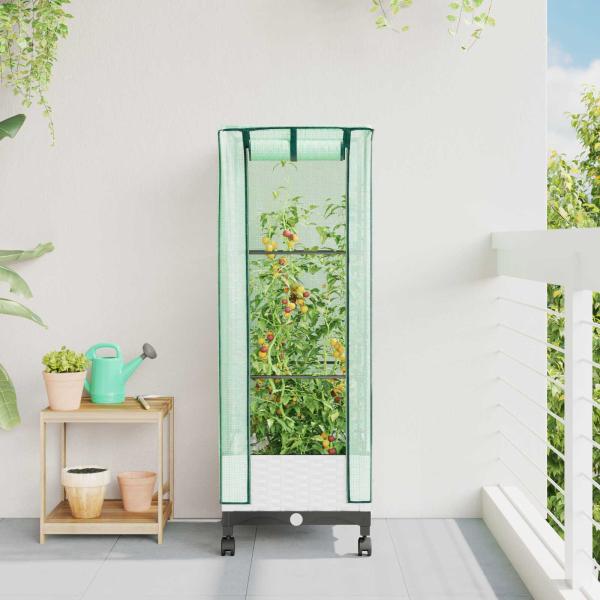 ARDEBO.de - Gartenplanter mit Gewächshausabdeckung und Rädern Weiß PP