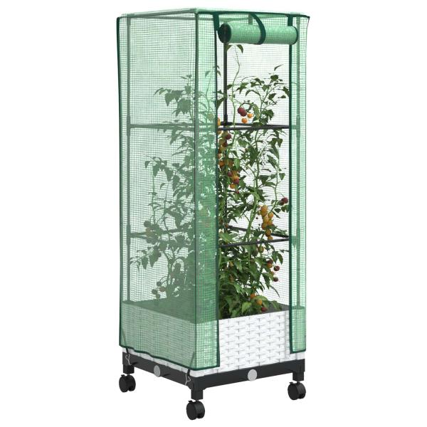 Gartenplanter mit Gewächshausabdeckung und Rädern Weiß PP