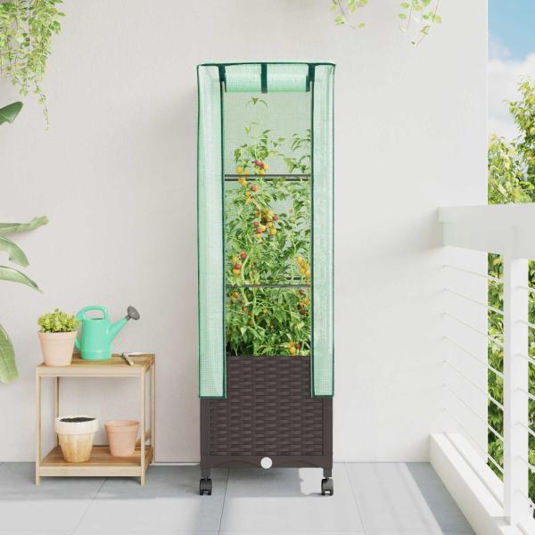 ARDEBO.de - Gartenplanter mit Gewächshausabdeckung und Rädern Braun PP