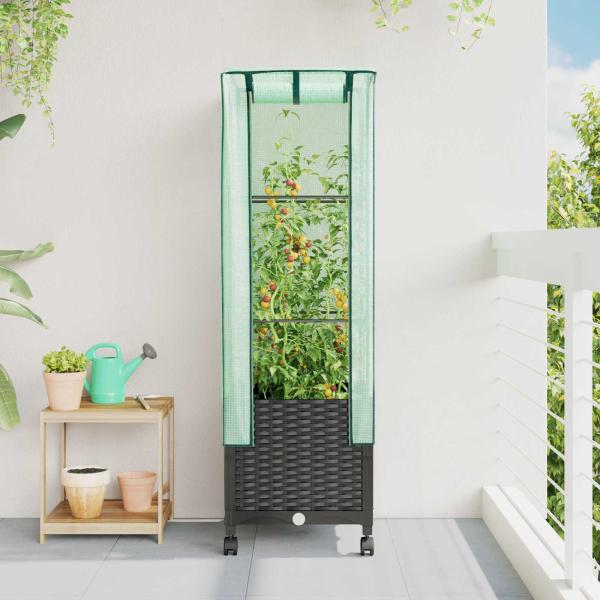 ARDEBO.de - Gartenplanter mit Gewächshausabdeckung und Rädern Schwarz PP