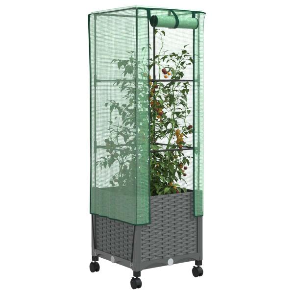 Gartenplanter mit Gewächshausabdeckung und Rädern Hellgrau PP