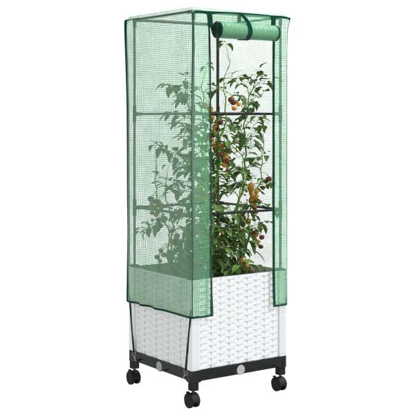 Gartenplanter mit Gewächshausabdeckung und Rädern Weiß PP