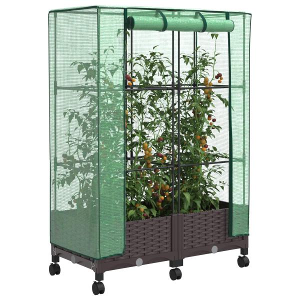 Gartenplanter mit Gewächshausabdeckung und Rädern 2 stk. Braun