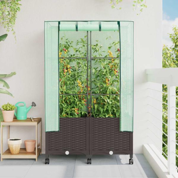 ARDEBO.de - Gartenplanter mit Gewächshausabdeckung und Rädern 2 stk. Braun