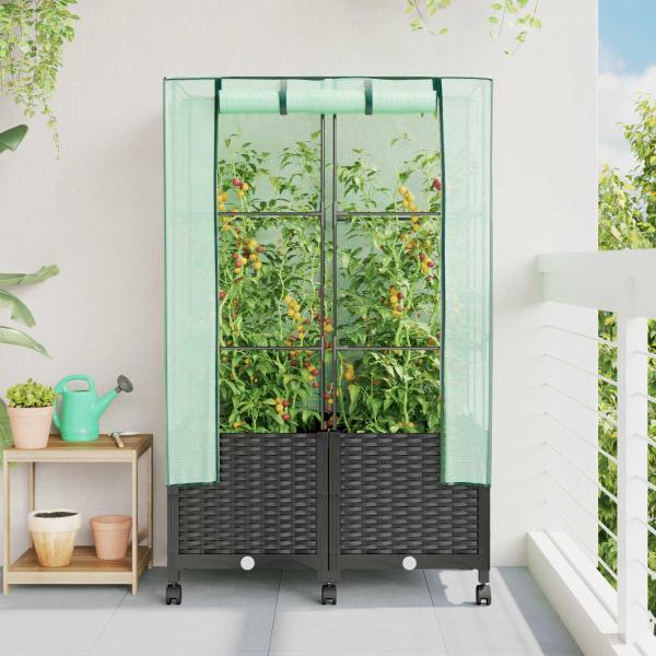 ARDEBO.de - Gartenplanter mit Gewächshausabdeckung und Rädern 2 stk. PP