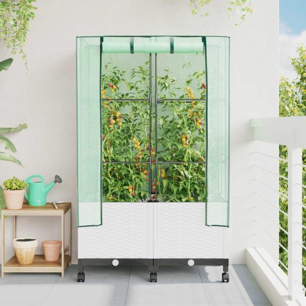 ARDEBO.de - Gartenplanter mit Gewächshausabdeckung und Rädern 2 stk. Weiß