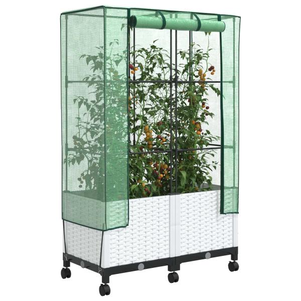 Gartenplanter mit Gewächshausabdeckung und Rädern 2 stk. Weiß