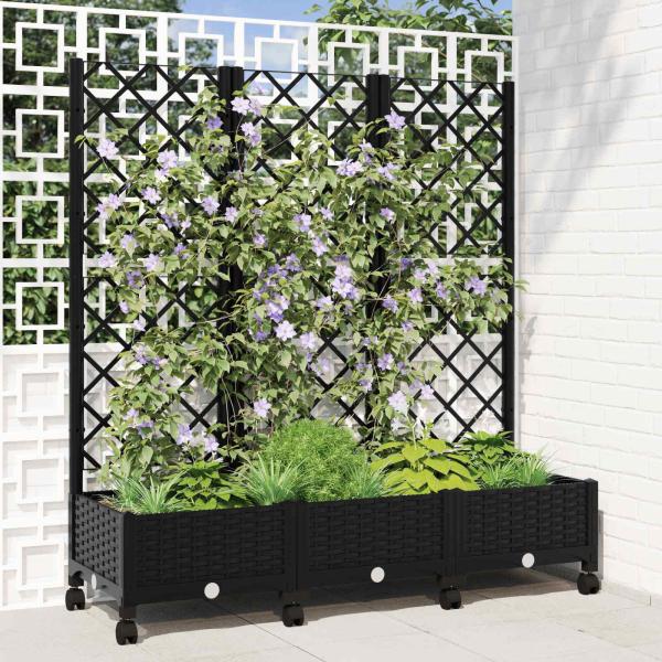 ARDEBO.de - Pflanzkübel mit Spalier und Rädern Schwarz 120 x 40 x 131,5 cm