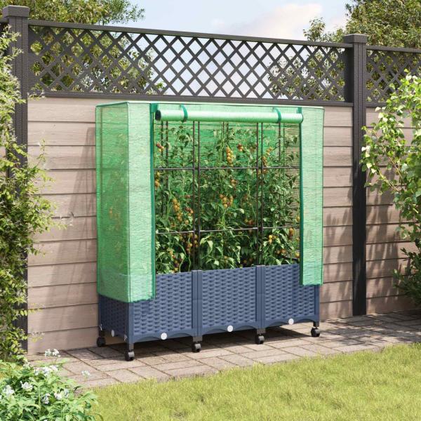 ARDEBO.de - Gartenplanter mit Gewächshausabdeckung und Rädern 3 Stk. PP