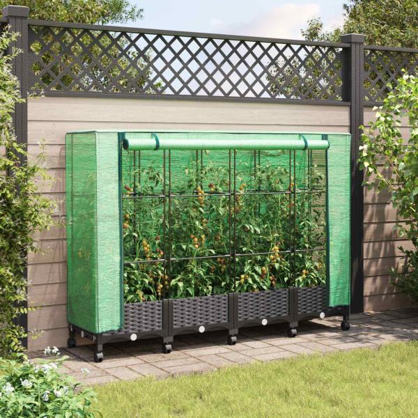 ARDEBO.de - Gartenplanter mit Gewächshausabdeckung und Rädern 4 stk. Braun