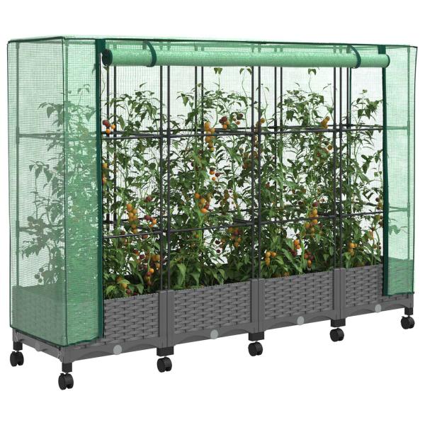 Gartenplanter mit Gewächshausabdeckung und Rädern 4 stk. PP