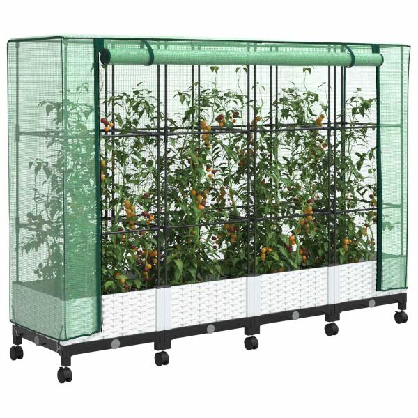 Gartenplanter mit Gewächshausabdeckung und Rädern 4 stk. Weiß